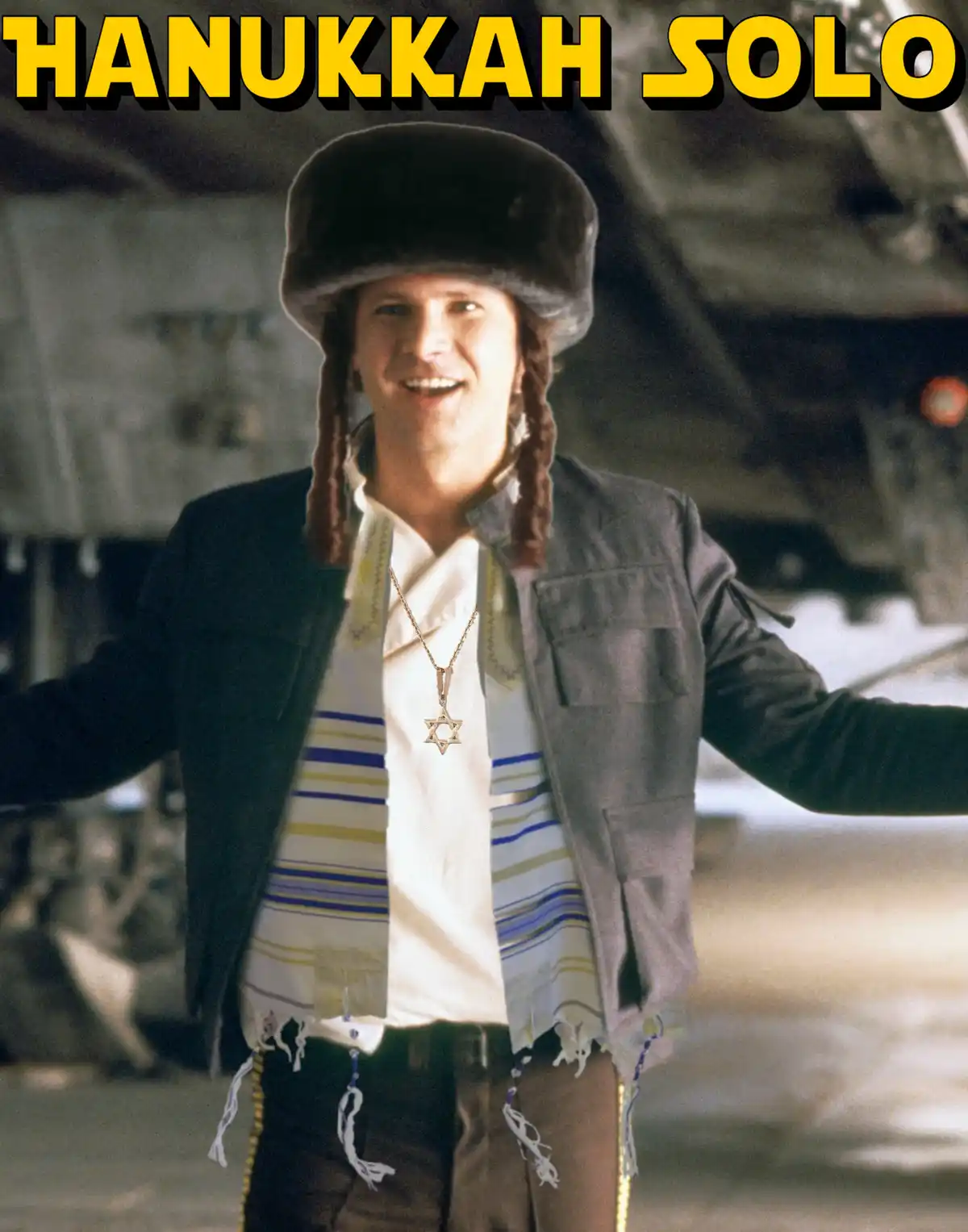 A man with braids and a fur hat, wearing a Star of David necklace and a prayer shawl, stands with arms outstretched in front…
