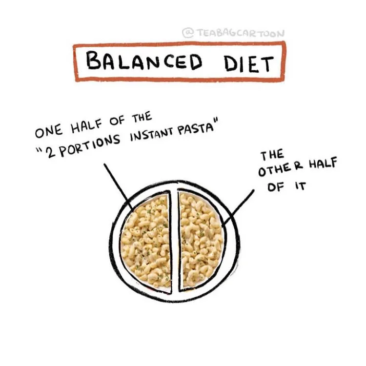 A hand-drawn cartoon shows a bowl of instant macaroni and cheese split in half. One half is labeled "ONE HALF OF THE '2…