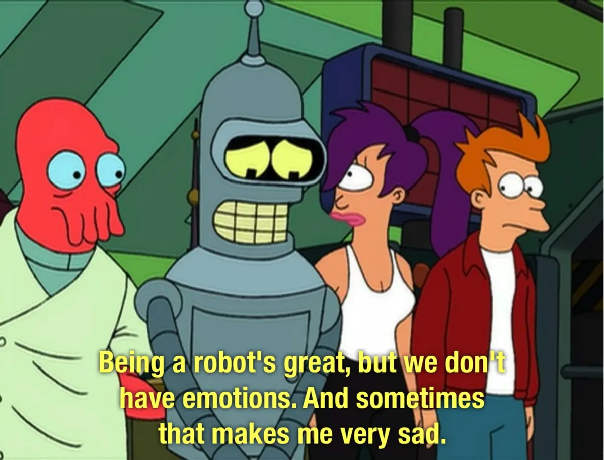 Four characters from Futurama stand together, with the robot Bender in the center looking sad. The overlaid text reads…