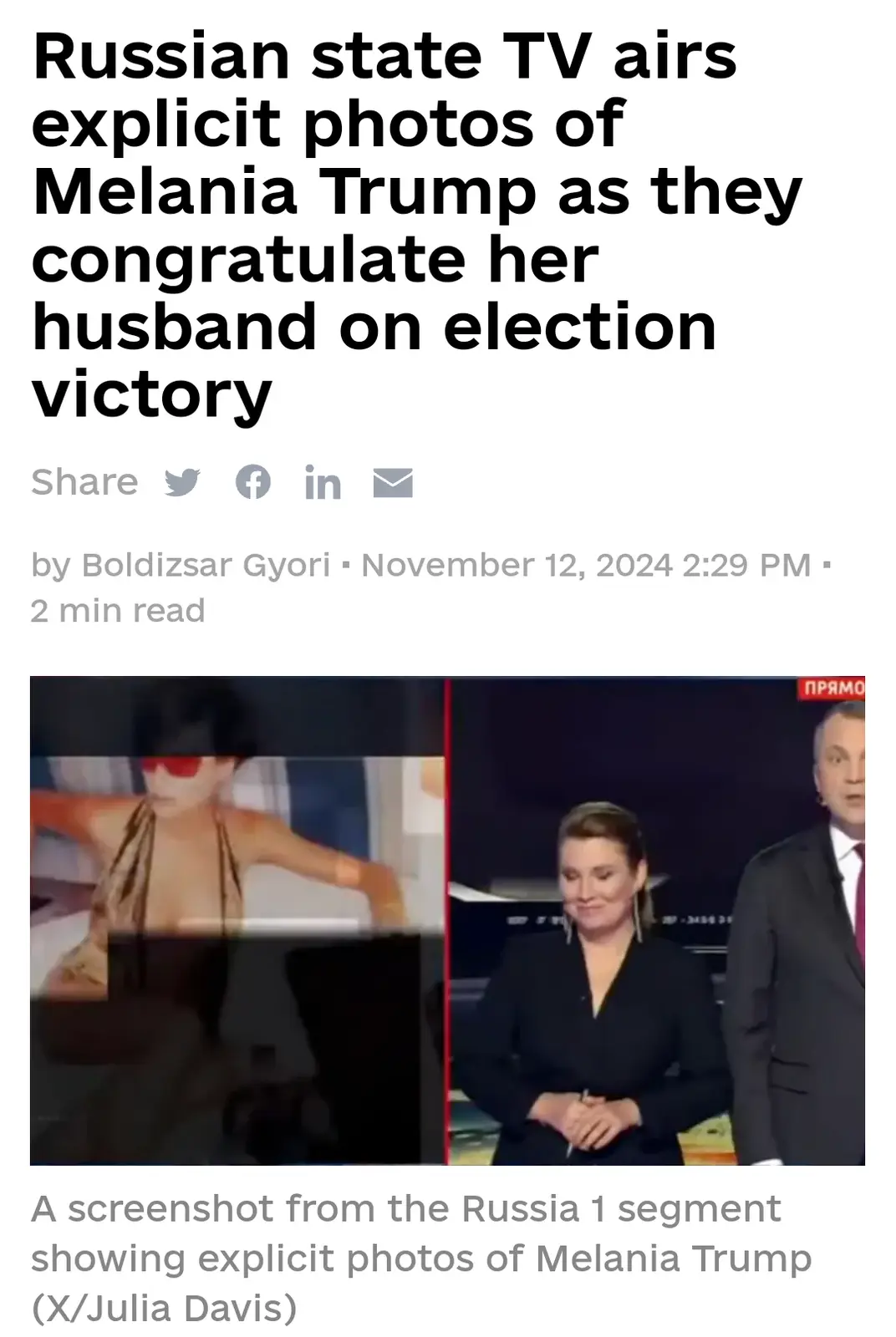 The image shows a split-screen: on the left, a blurred, explicit photo of Melania Trump in a bikini; on the right, Melania…