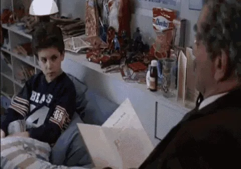 A six-panel comic strip from the movie 'The Breakfast Club' showing a boy in a 'BLAS 44' sweatshirt sitting on a bed while a…