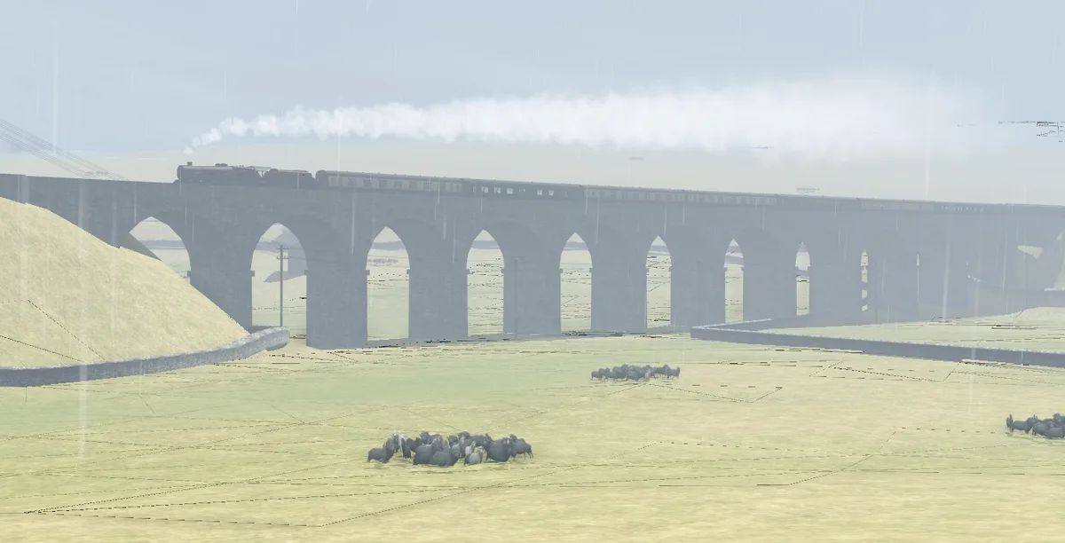 A grayscale image of a steam train crossing a large stone railway viaduct under a rainy sky, with several herds of sheep…