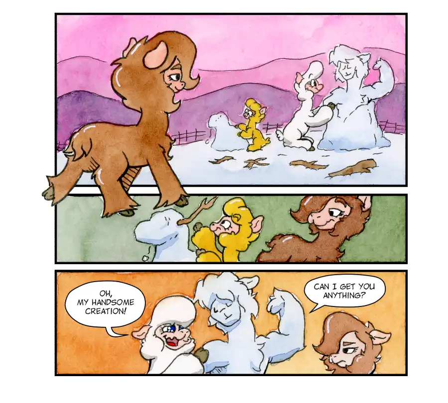 A three-panel comic strip featuring anthropomorphic animals. In the top panel, a brown pony walks past two smaller white and…