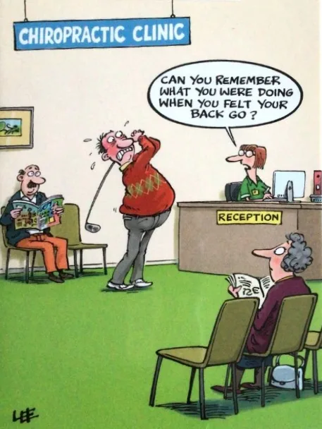 A cartoon depicts a chiropractic clinic reception area. A man in a red sweater, holding a golf club, is visibly distressed…