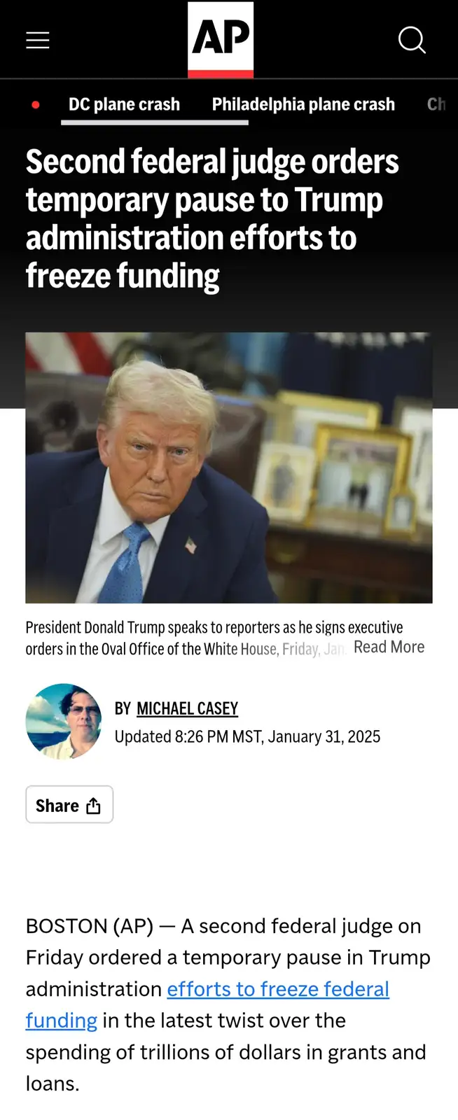 A screenshot of an Associated Press news article from January 31, 2025, featuring a photo of Donald Trump looking serious…