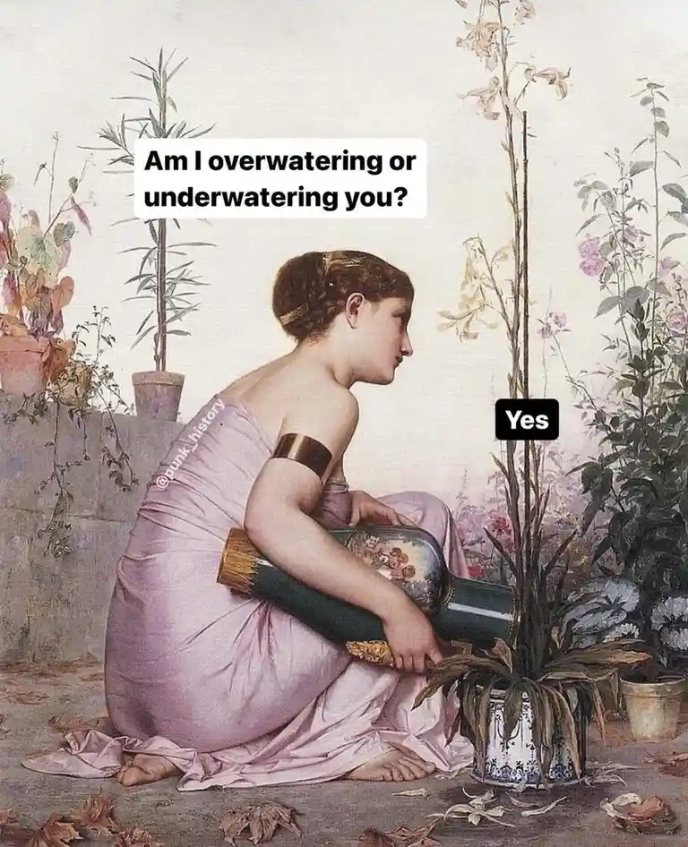 A classical painting depicts a woman in a pink dress kneeling and holding a watering can, tending to a wilting potted plant…