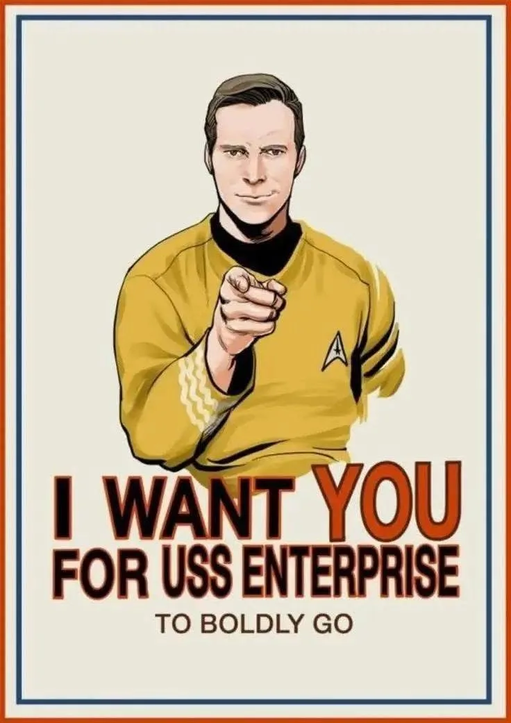 A stylized recruitment poster features a man in a yellow Starfleet uniform pointing directly at the viewer. The text below…