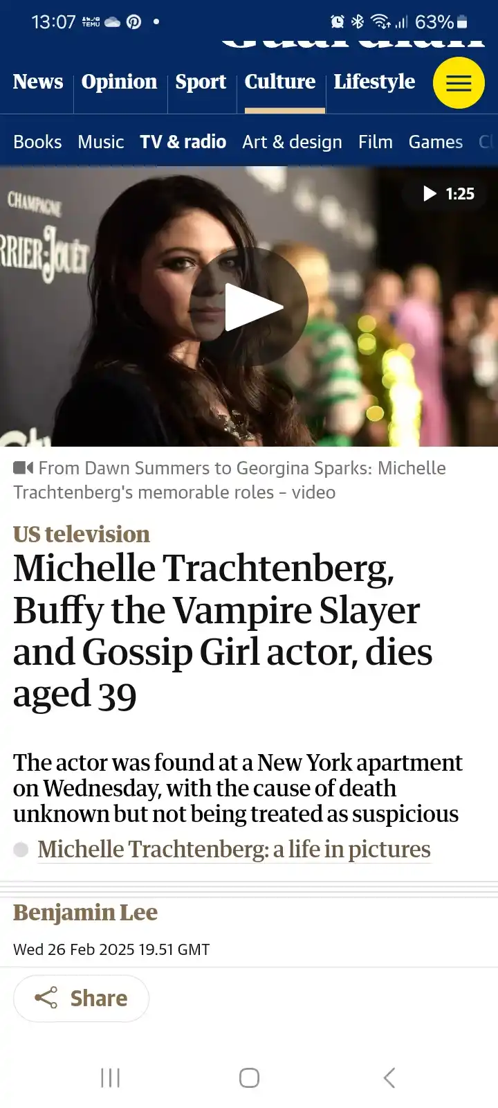 A screenshot of a Guardian newspaper article announcing the death of actress Michelle Trachtenberg at age 39, with her photo…