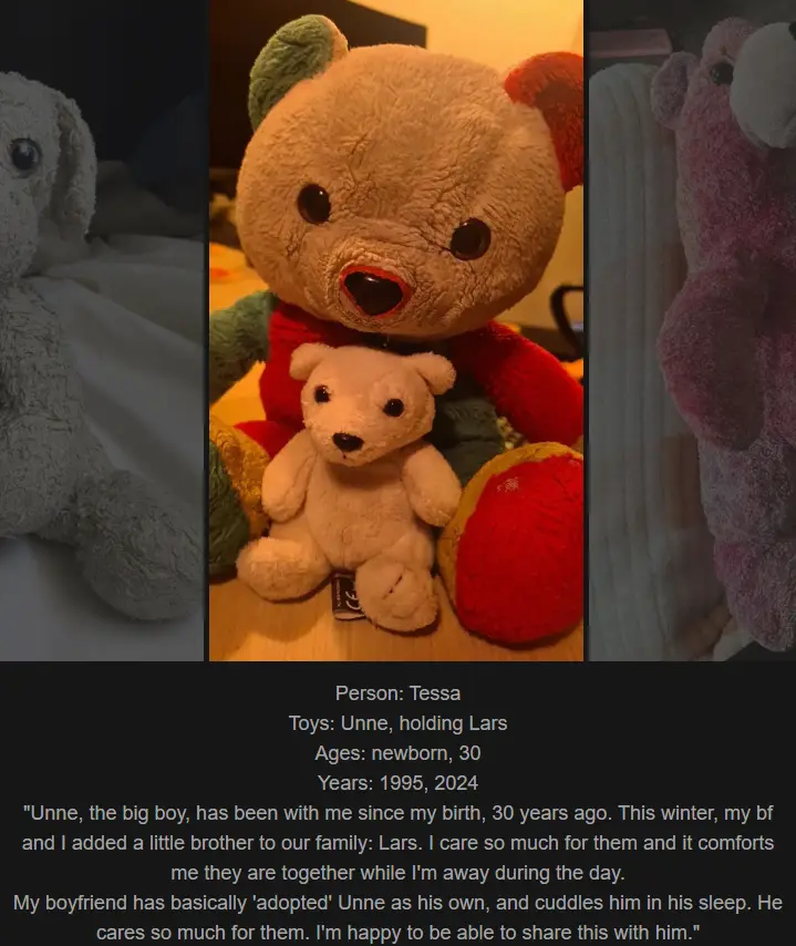 A triptych image shows three stuffed animals: a grey dog, a large brown bear holding a small white bear, and a pink bear…