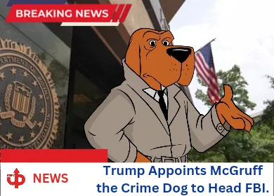 An image of the animated crime-fighting dog McGruff in a suit and tie, standing in front of an FBI building with an American…