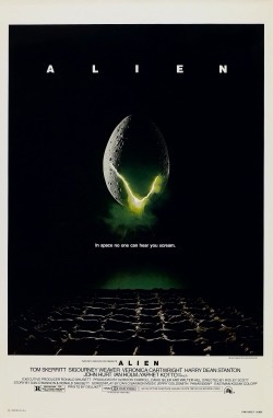 The image is the iconic movie poster for 'Alien' featuring a large, ominous egg-like alien creature glowing with green light…