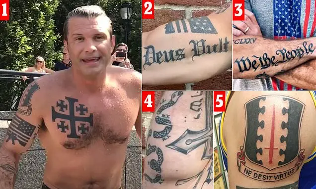 A collage of five images showing a man with various tattoos, including a large cross on his chest, and close-ups of tattoos…