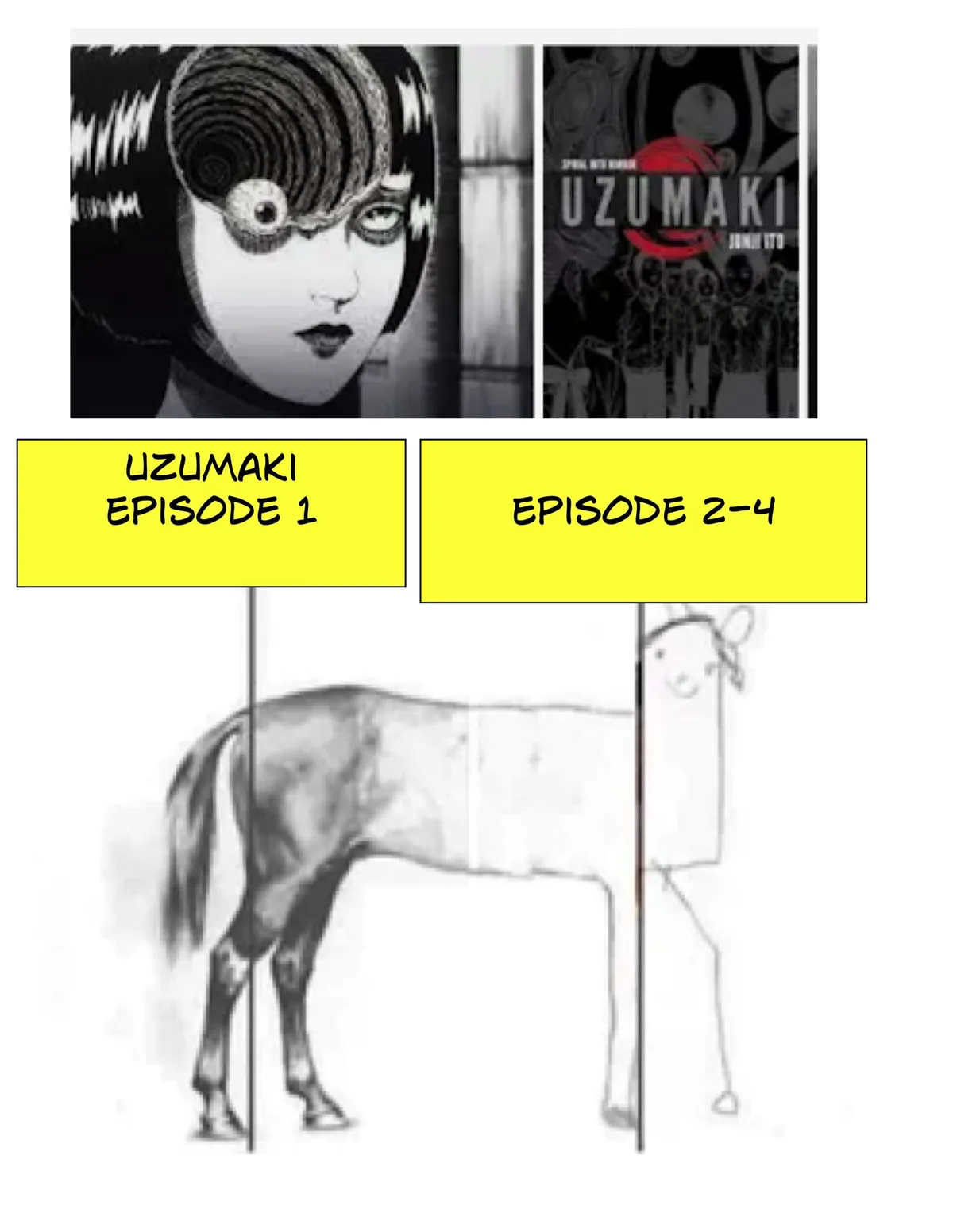 The image displays two panels from the manga 'Uzumaki' by Junji Ito, featuring a character with a spiral eye and the series…