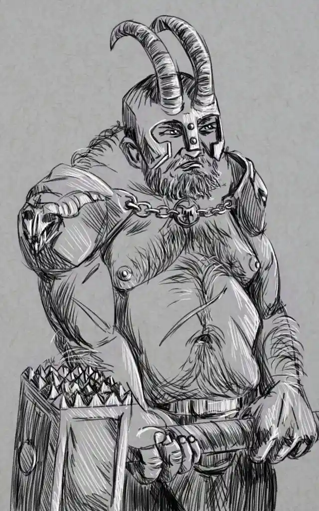 A black-and-white sketch depicts a muscular, horned humanoid figure with a beard, wearing a chain around his neck and…