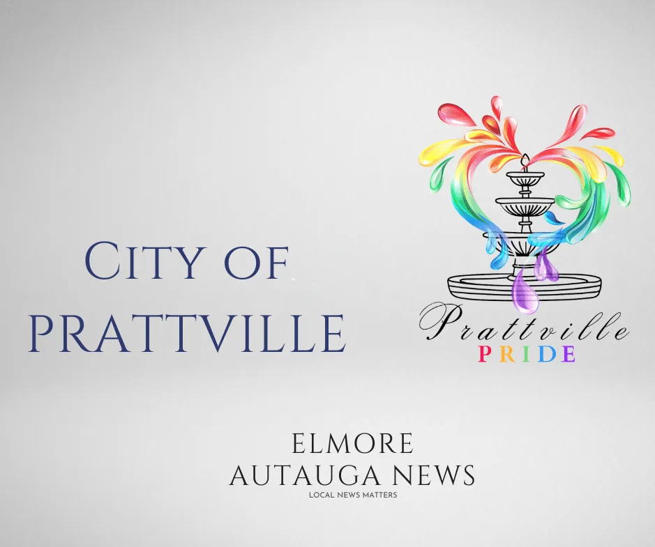 A promotional graphic for Prattville Pride featuring a black-and-white fountain illustration with rainbow-colored water…