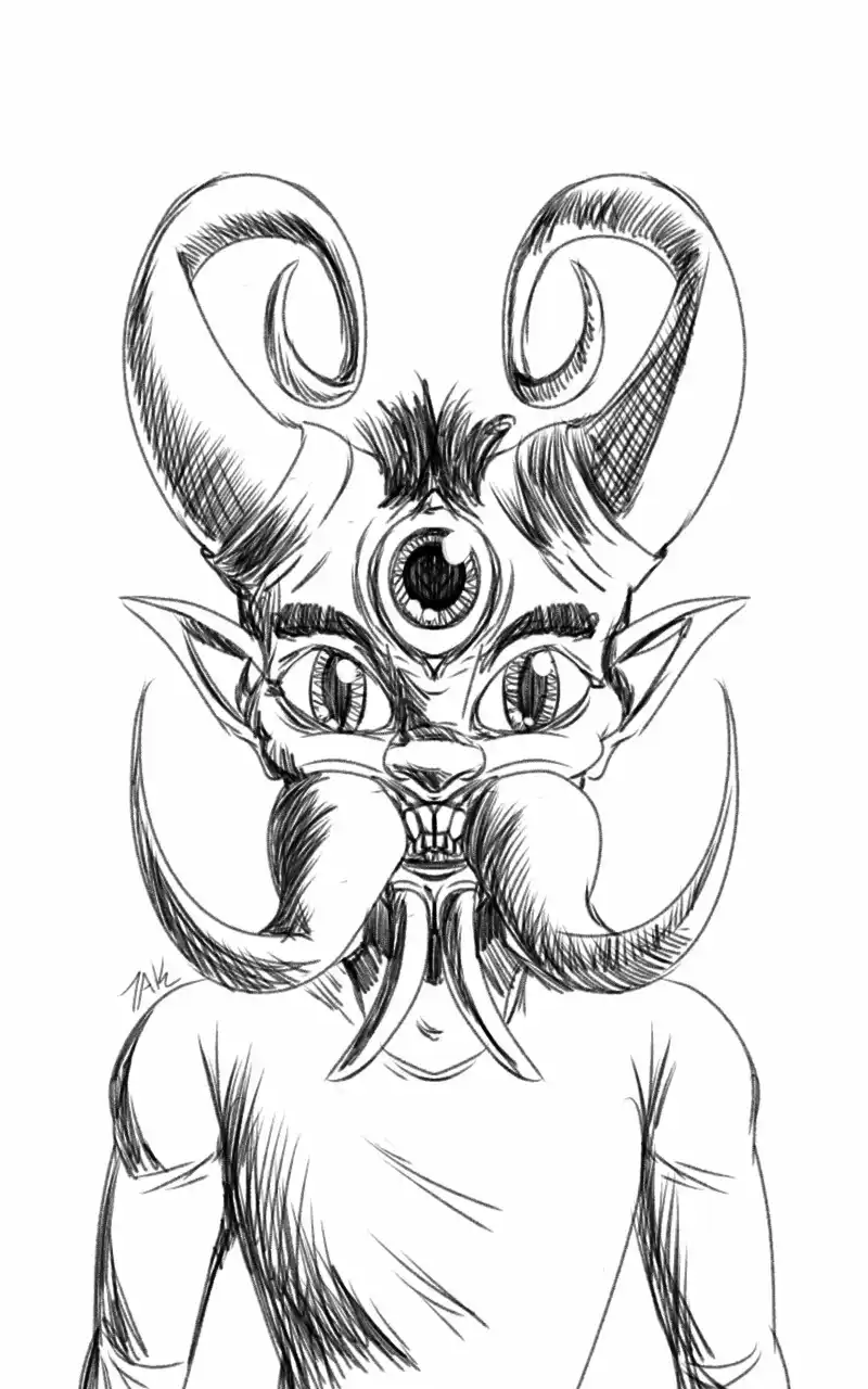 A black-and-white sketch depicts a humanoid figure with a cat-like face, large pointed ears, and a third eye on its…
