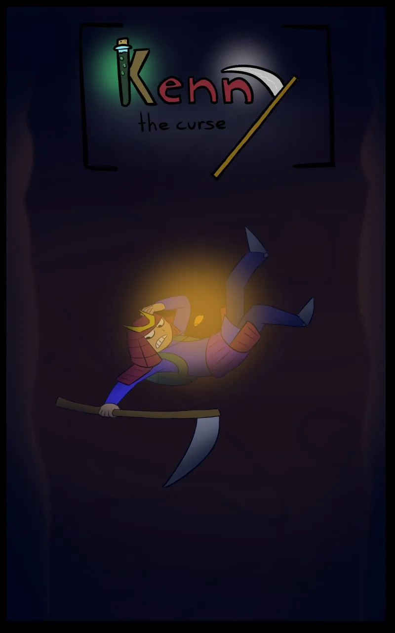 A cartoon samurai warrior in armor is shown falling backward through a dark space, holding a scythe-like weapon, with a…