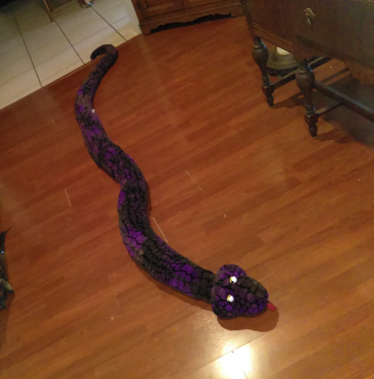 A long, plush purple and black snake toy with googly eyes and a red tongue lies coiled on a wooden floor next to a dark…