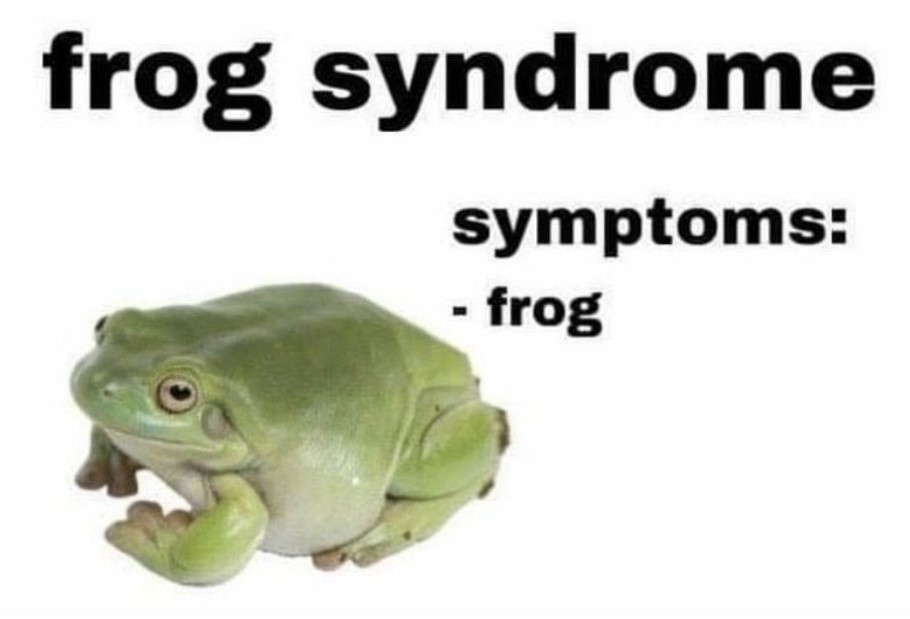 A green frog is shown against a plain white background with bold black text above it reading 'frog syndrome' and below it…