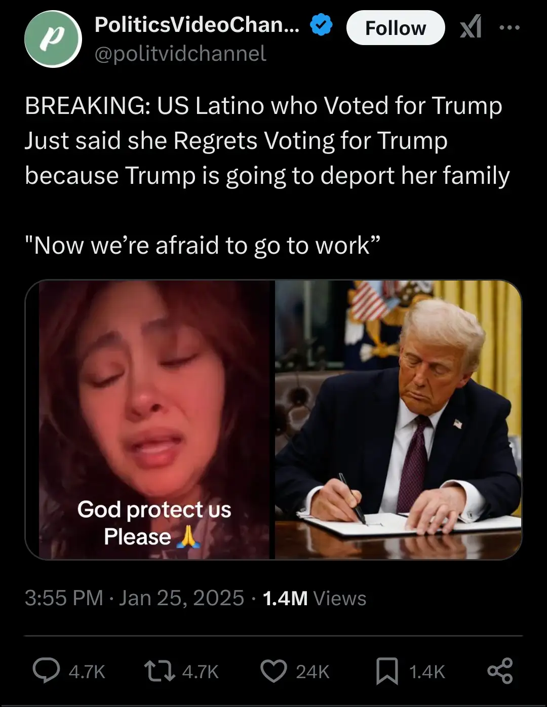 The image is a split-screen meme showing a crying woman with the text 'God protect us Please 🙏' on the left, and Donald…