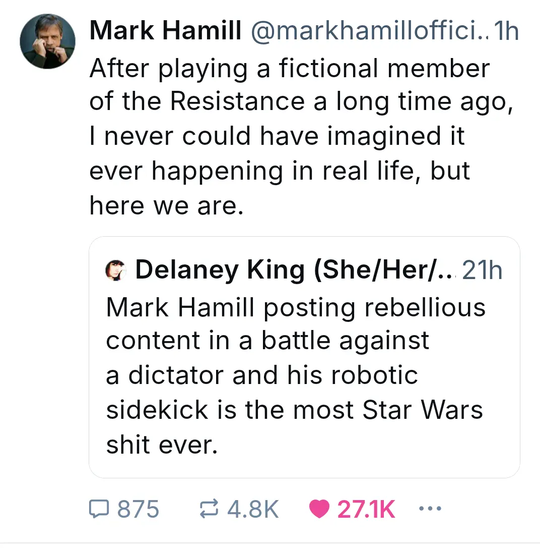 A screenshot of a Twitter thread shows Mark Hamill's tweet about his real-life involvement in a rebellion against a…