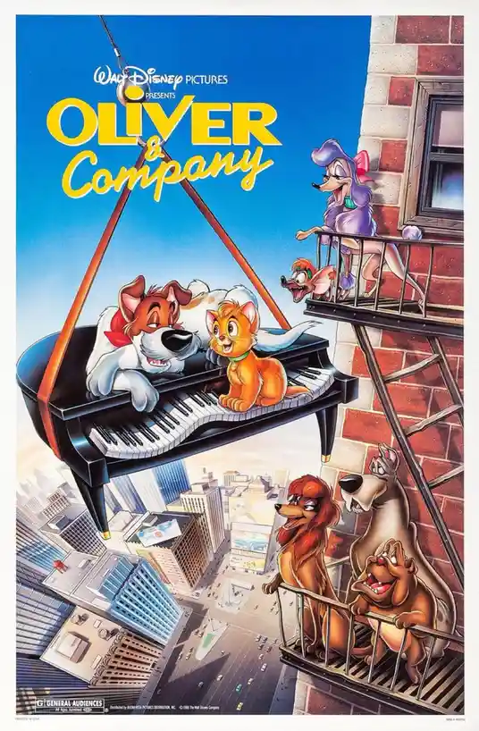 This is the official movie poster for the 1988 Disney animated film 'Oliver & Company,' featuring the main characters: a…