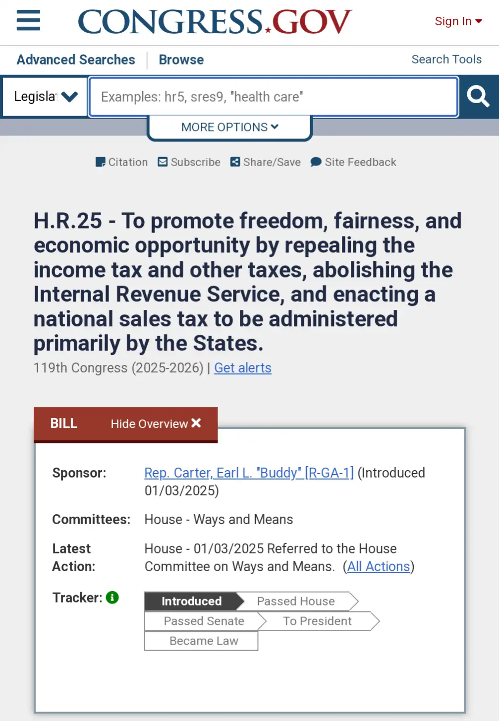 A screenshot of the congress.gov website showing bill H.R.25, which proposes repealing income taxes and abolishing the IRS…