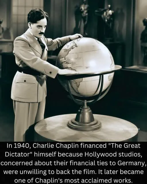 A sepia-toned historical photograph shows Charlie Chaplin in a suit, standing beside a large globe and touching it with both…