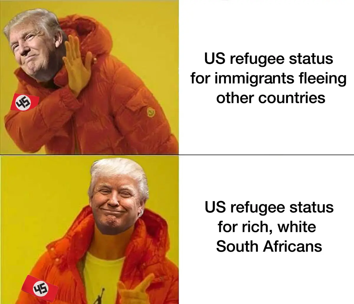 The image is a two-panel meme featuring Donald Trump in an orange puffer jacket against a yellow background. In both panels…