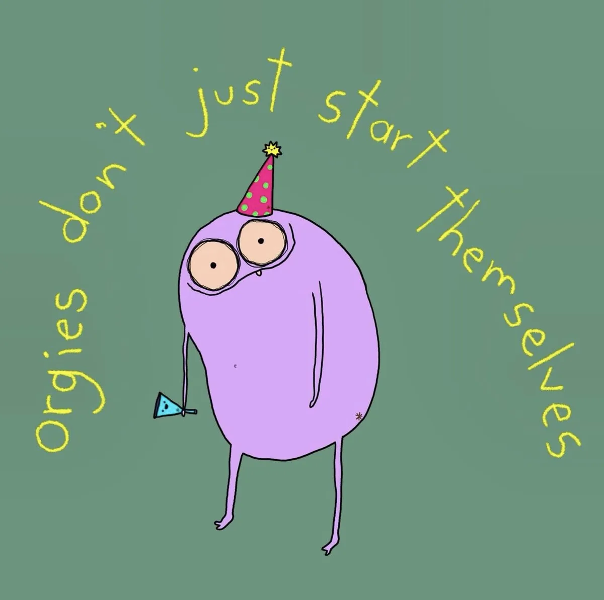 A purple, blob-like cartoon character with large eyes, wearing a pink polka-dotted party hat and holding a blue party horn…
