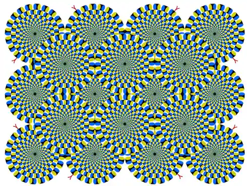 The image displays a repeating pattern of hypnotic, spiraling circles in blue, yellow, and black, arranged in a grid. Small…
