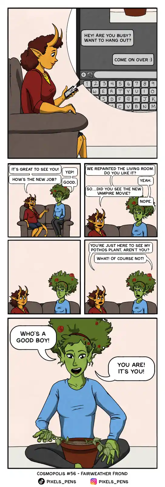 A comic strip shows a horned woman receiving a text invite to hang out, then meeting a green-skinned woman with a pothos…