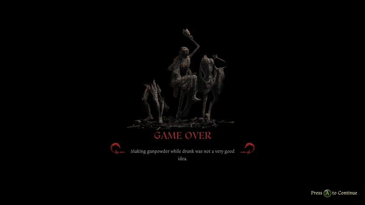 A dark game over screen from a video game shows three skeletal figures, one riding a horse, against a black background. The…