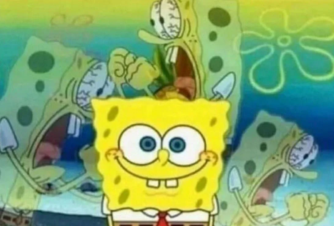 The image shows the cartoon character SpongeBob SquarePants in the foreground with a cheerful, oblivious expression. Behind…