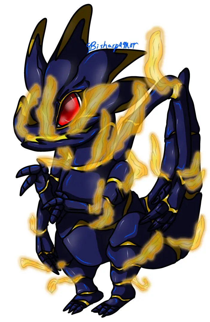 A dark blue, chibi-style dragon-like creature with red eyes and glowing yellow flame-like energy swirling around its body…