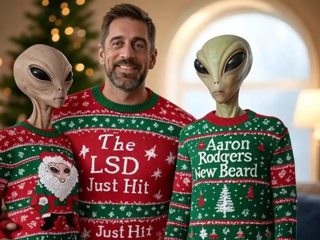 Three figures pose together in a festive setting with a blurred Christmas tree in the background. The central human man…