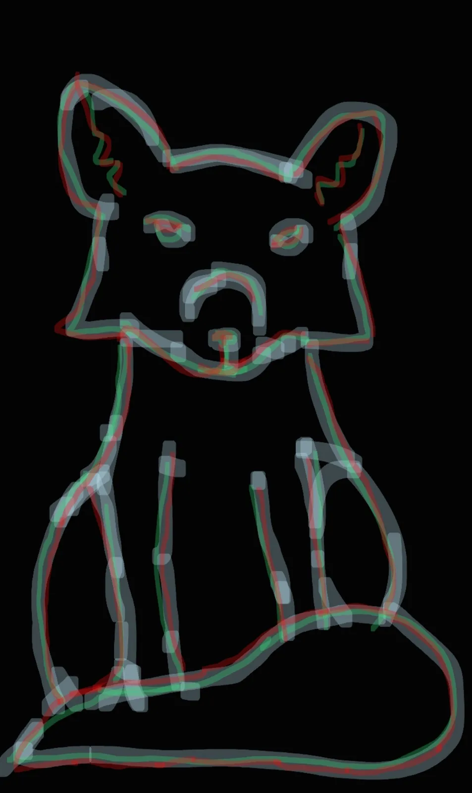 A stylized, glitchy outline drawing of a dog sitting upright against a black background, rendered with red and green double…