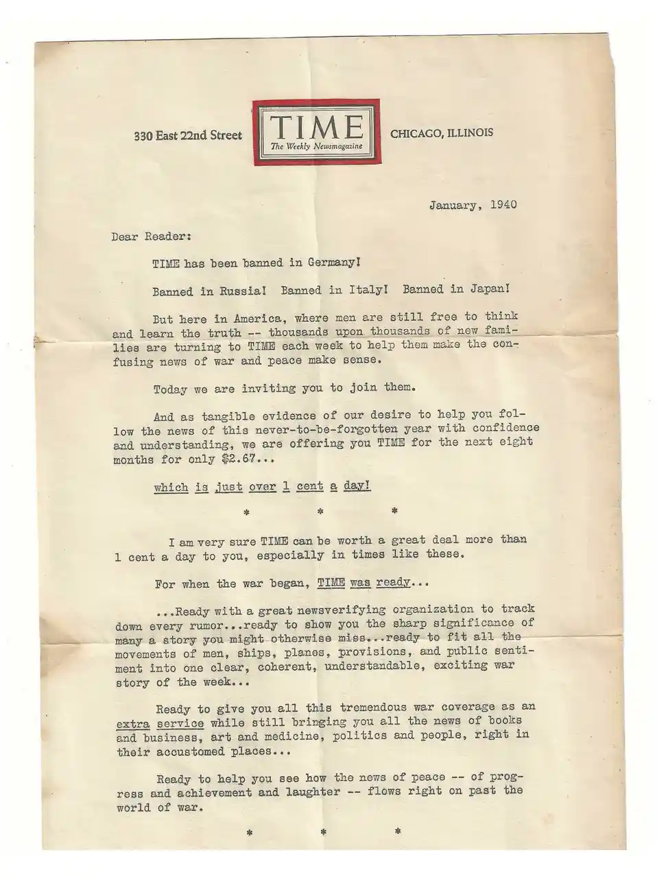A vintage 1940 TIME magazine letterhead document, dated January 1940, features typewritten text promoting the magazine. The…