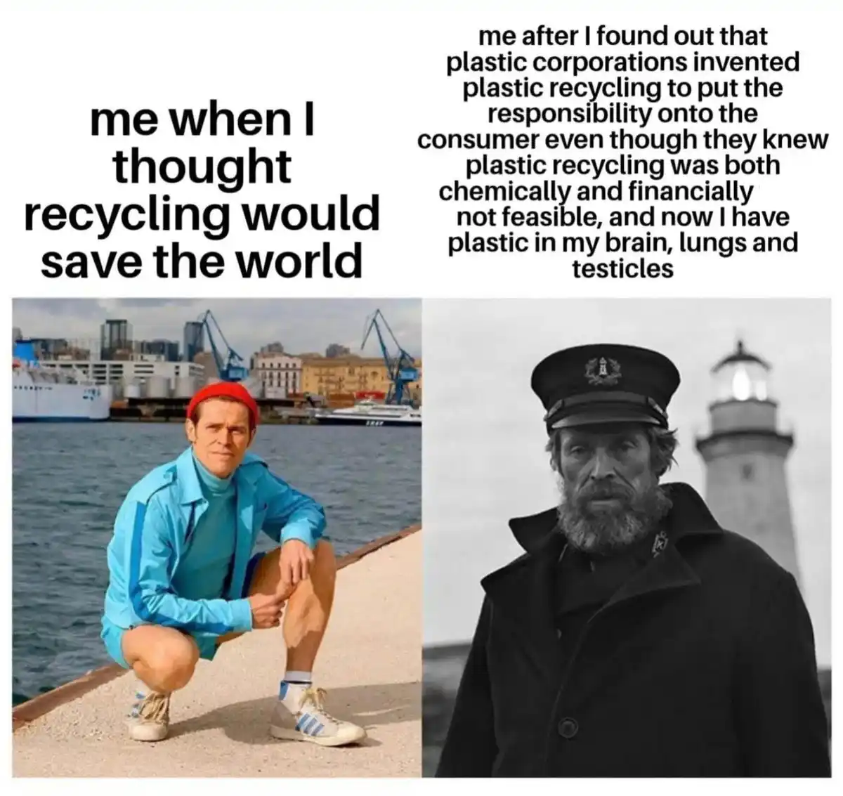 The image is a two-panel meme. The left panel shows a man in bright blue clothing and a red beanie crouching by a…