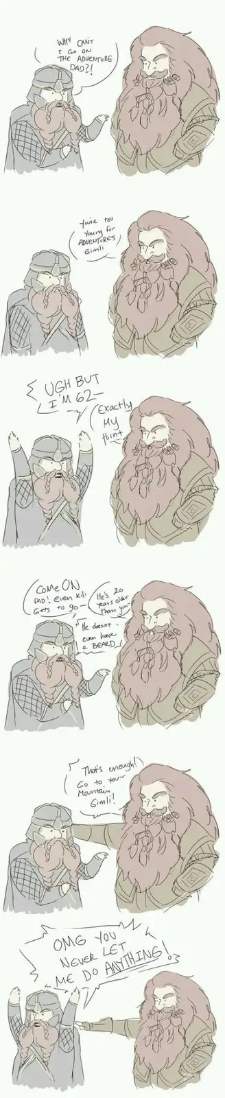 A comic strip featuring two dwarves, one young and one older, in a humorous argument about going on an adventure. The…