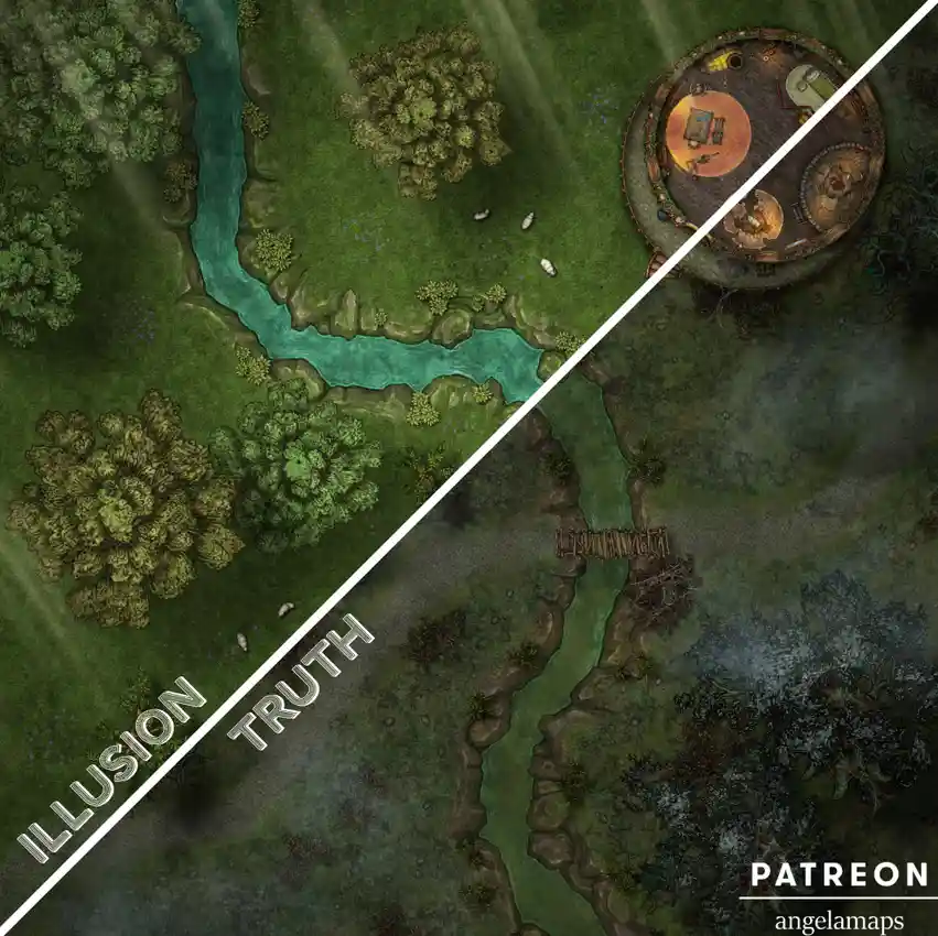 An overhead fantasy map split diagonally by a white line; the top-left side labeled 'ILLUSION' shows a bright, lush green…