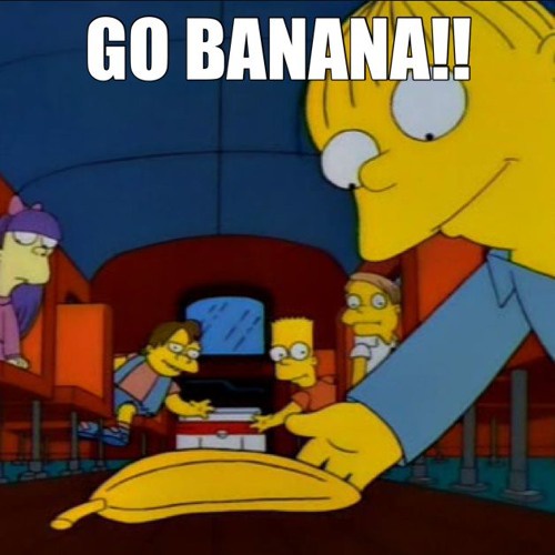 A still from The Simpsons shows a giant yellow hand holding a banana in front of a group of characters, including Bart and…