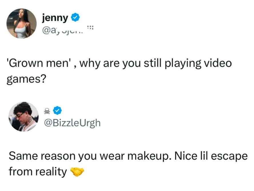 A screenshot of a Twitter thread shows user 'jenny' asking why grown men still play video games. User '@BizzleUrgh' replies…