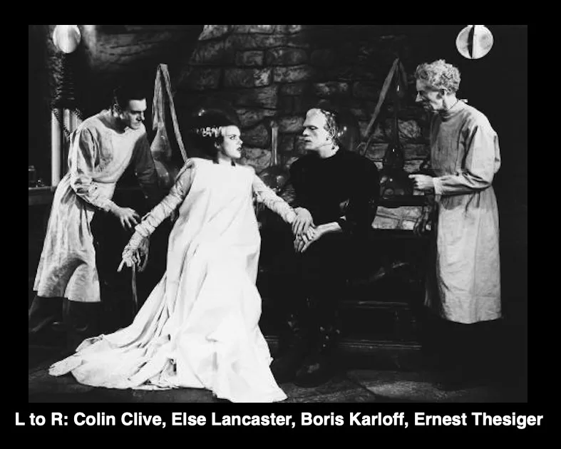 A black-and-white still from the 1931 film 'Frankenstein' shows four actors in period costumes in a stone-walled lab. From…