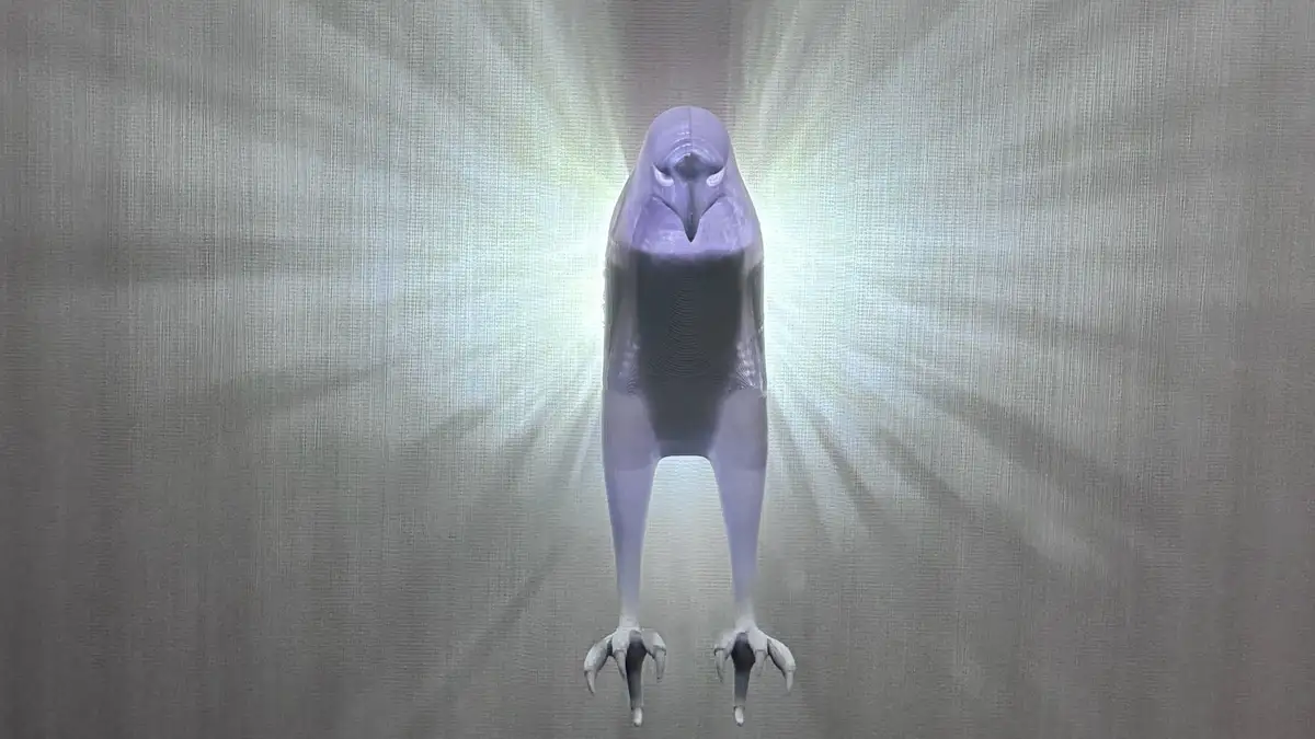 A translucent, glowing purple owl-like creature stands upright on two legs with sharp talons, radiating light from its chest…