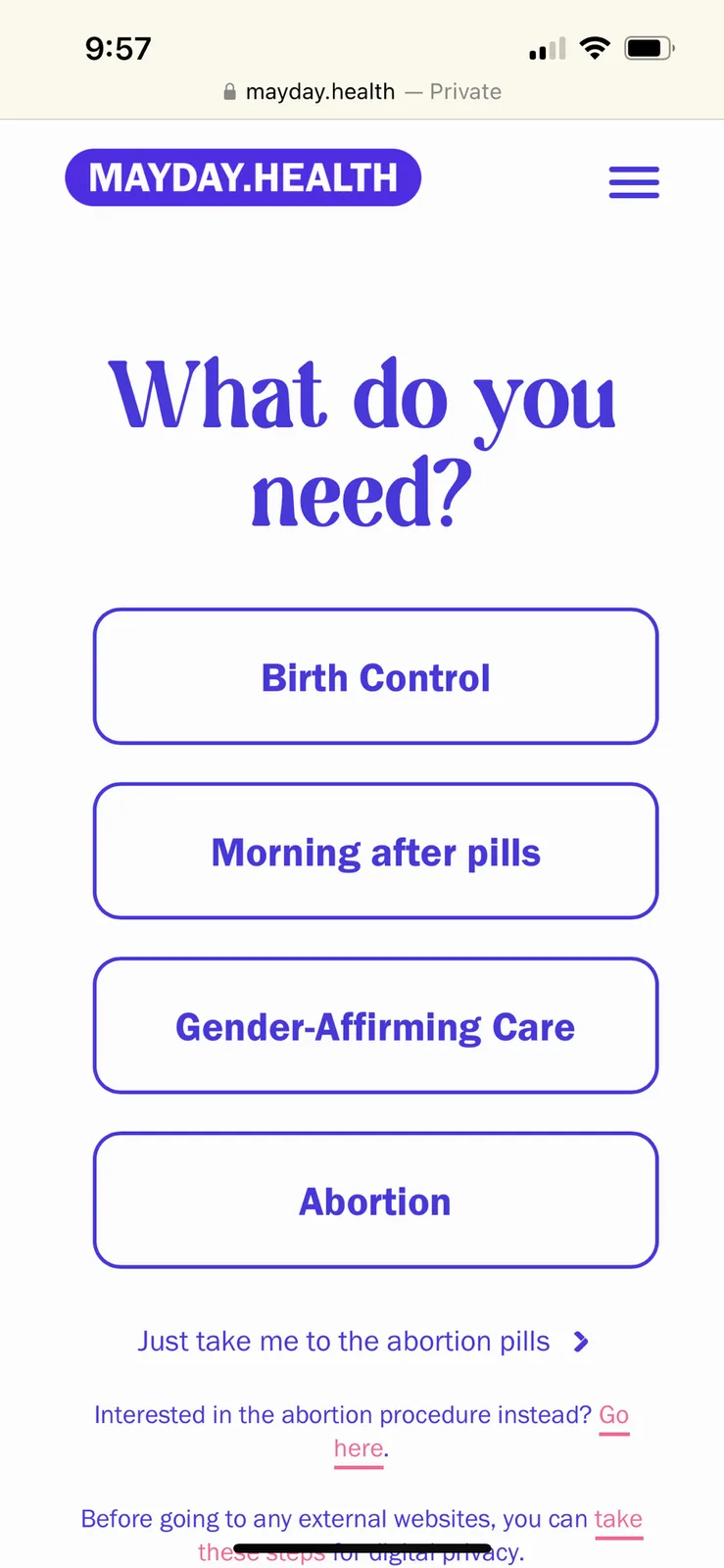 A screenshot of the mayday.health website's homepage, which asks 'What do you need?' and lists four options: Birth Control…