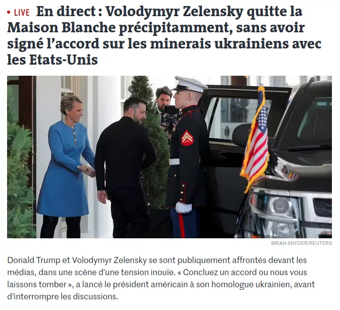 A screenshot of a news article with a headline in French stating that Volodymyr Zelensky left the White House hastily…