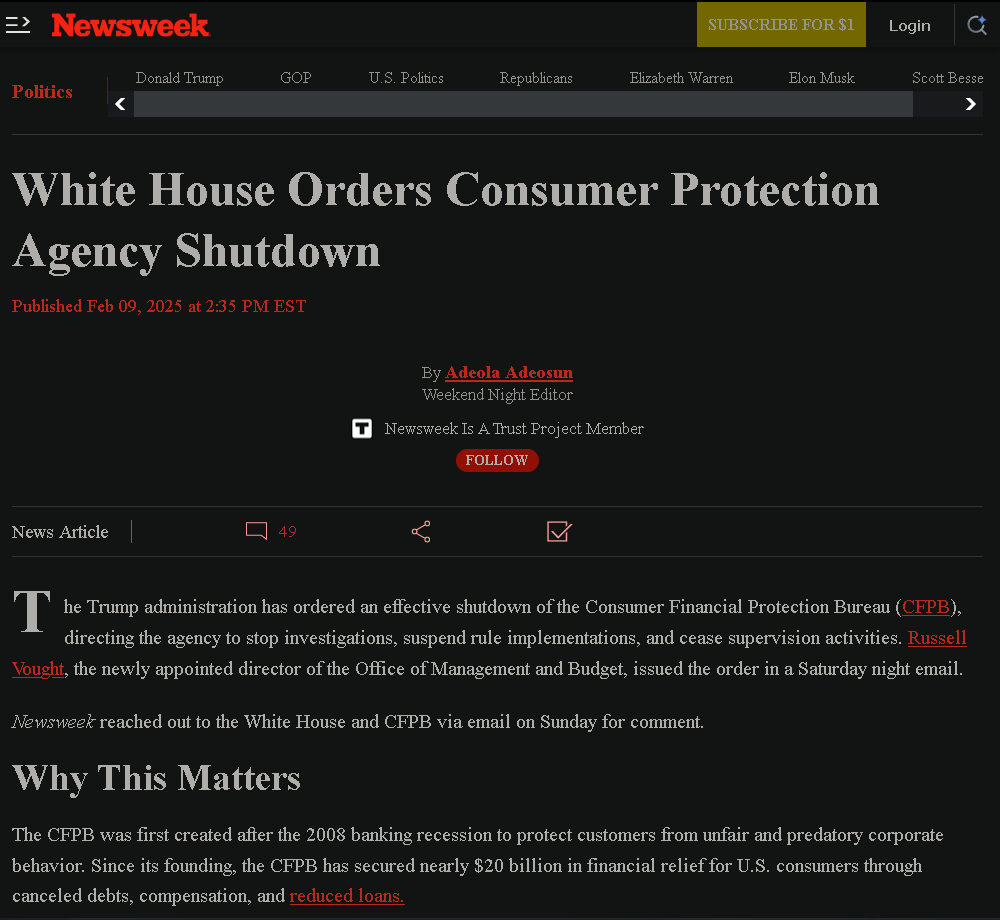 A screenshot of a Newsweek article with a black background and white text, titled 'White House Orders Consumer Protection…