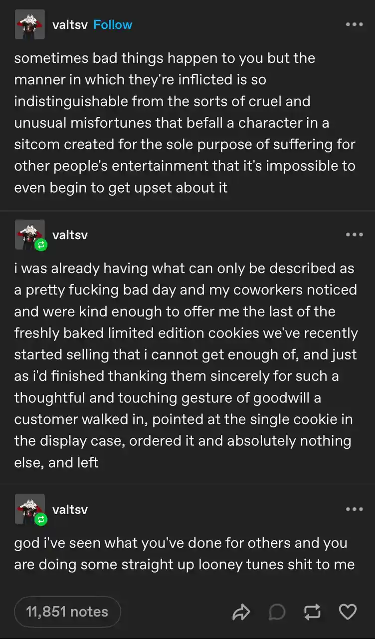 The image shows a social media post by 'valtsv' with three text entries. The first describes bad luck that feels like a…