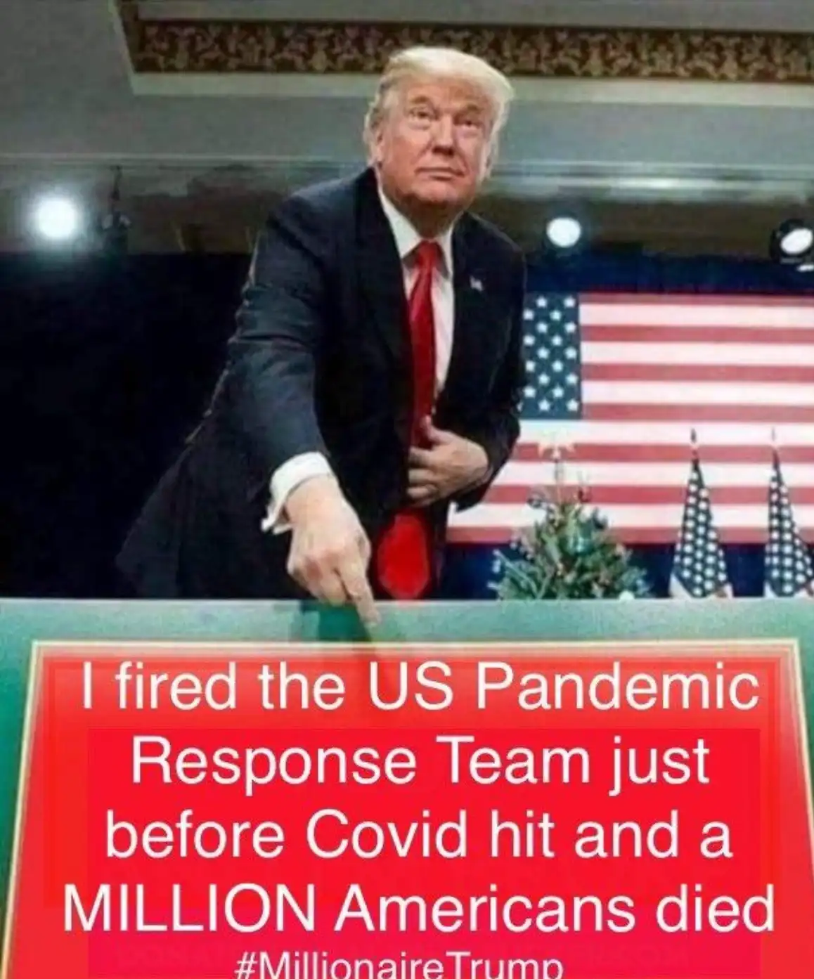 A man in a dark suit and red tie stands at a podium with an American flag behind him, pointing forward. A red text box at…